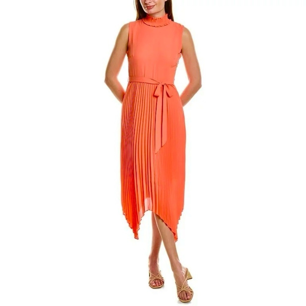 NANETTE LEPORE Belted Accordion Pleated Vivid Coral Midi Dress Size 8 Medium